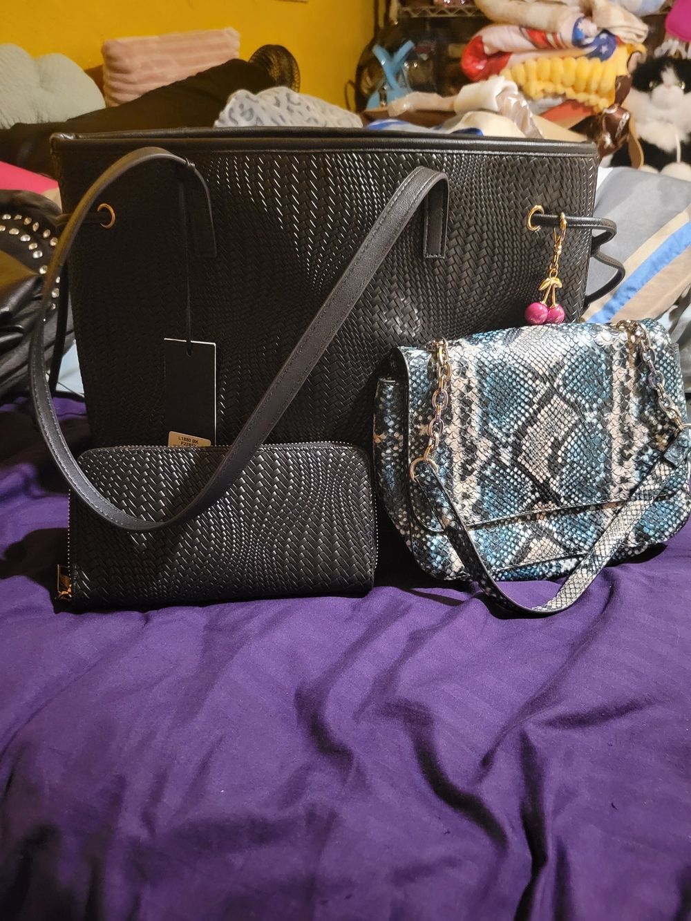 Black Woven Tote Bag with Snake-Print Crossbody and Wallet Set